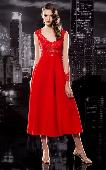 A-Line Tea-Length Chiffon Bridesmaid Dress with V-Neck and Appliques