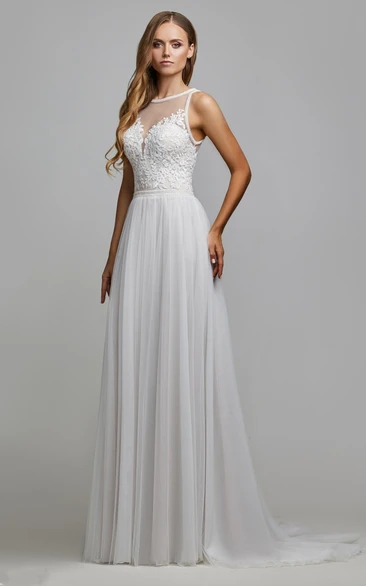 A Line Tulle Wedding Dress with Appliques and Ruching Casual Bridal Gown