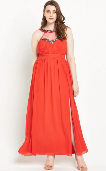 Beaded Scoop Neck Chiffon Bridesmaid Dress Sleeveless and Ankle-Length