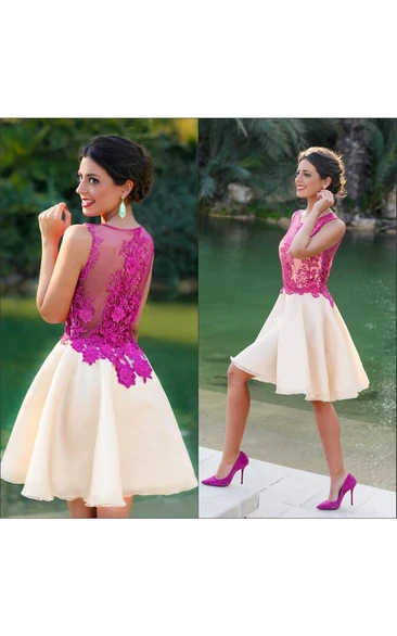 Short Formal Prom Party Dress with Sheer Chiffon and Lace Top