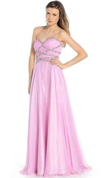 Beaded A-Line Sweetheart Tulle&Satin Prom Dress with Ruching Maxi Length