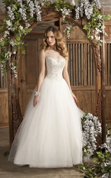 Ball Gown Appliqued Tulle Wedding Dress Bateau Neck Sleeveless Modern