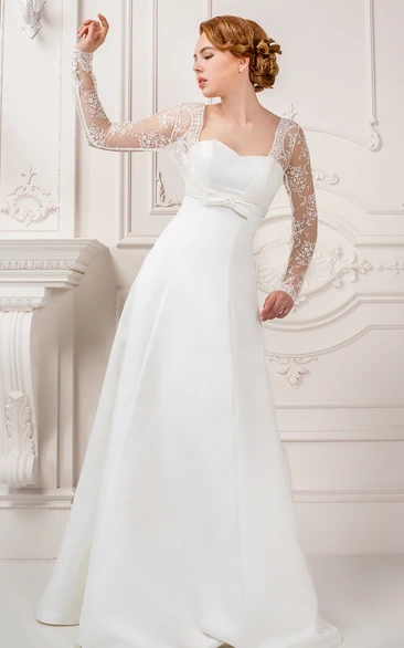 Lace Satin Long-Sleeve Wedding Dress Sheath Square-Neck with Bow