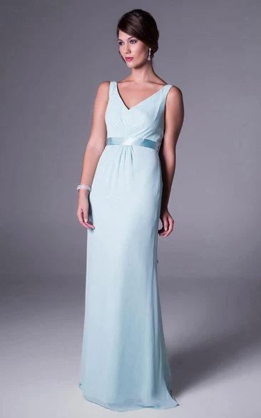 Long Sleeveless V-Neck Chiffon Bridesmaid Dress with Ruching and V Back