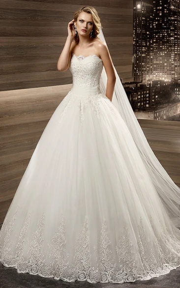 Applique A-Line Bridal Gown with Pleated Waist and Lace-Up Back