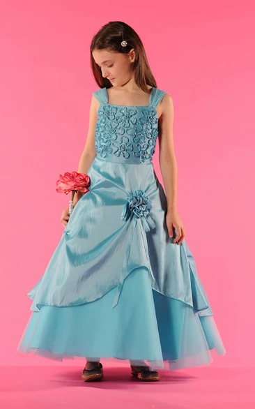 Flower Girl Taffeta Wrapped Tulle Gown with Square Neckline and Flowers