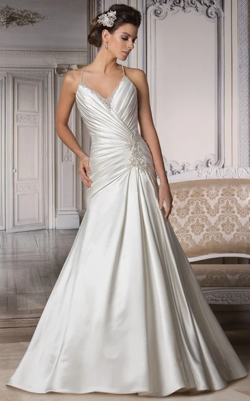 Ruched V-Neck Spaghetti Strap Wedding Dress with Criss Cross Elegant Bridal Gown