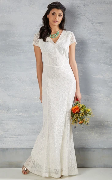 Maxi V-Neck Lace Wedding Dress with Cap-Sleeves Sheath