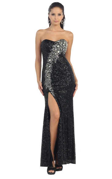 Sleeveless Sequin Bridesmaid Dress with Beading and Split Front