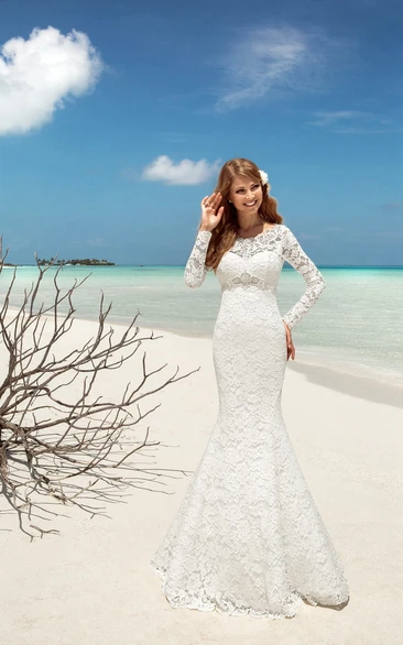 Lace Mermaid Wedding Dress with Keyhole and Beading Elegant Bridal Gown