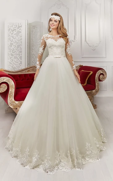 Illusion Back Bateau Floor-Length Long Sleeve Dress with Appliques and Bows Wedding Dress