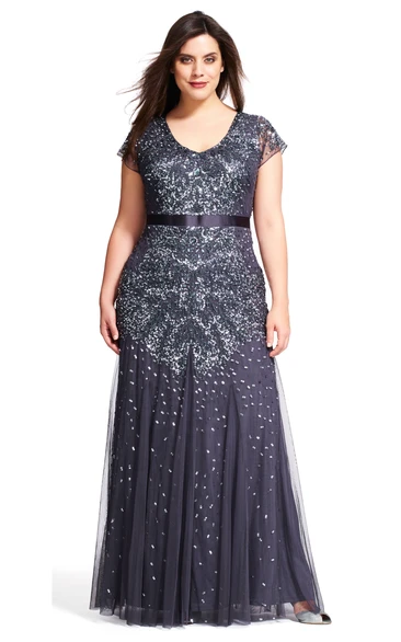Tulle Sequin Plus Size Bridesmaid Dress V-Neck Pleated Dress