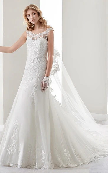 Lace Wedding Dress with Brush Train Cap Sleeves and Illusive Neckline and Back