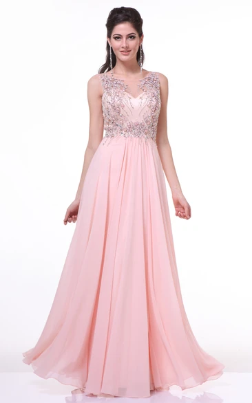 Chiffon Maxi A-Line Dress with Beading Pleats and Scoop Neckline