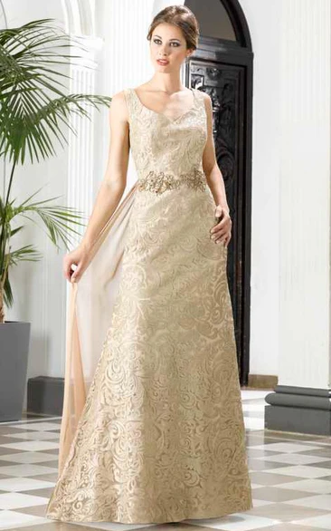 Lace Waist Sleeveless A-Line Prom Dress with Jewellery and Detachable Train