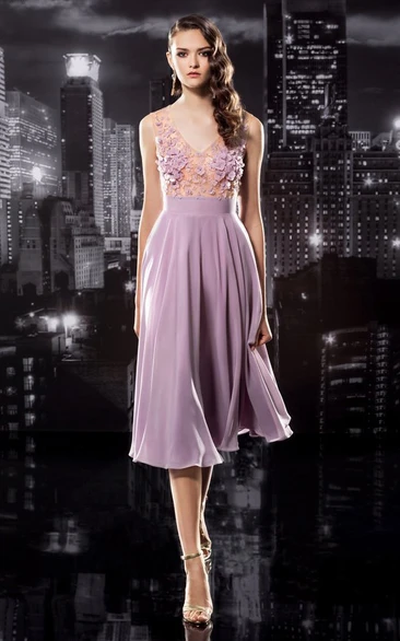 Tea-Length V-Neck Sleeveless A-Line Formal Dress with Appliques in Jersey Fabric