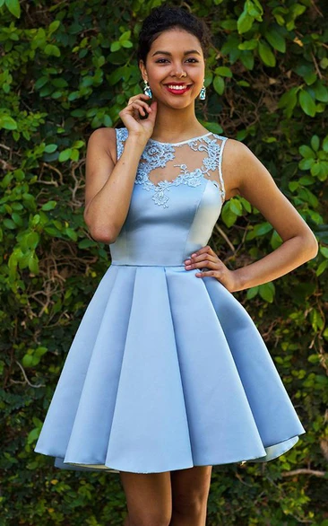 Bateau Neckline Satin A-Line Homecoming Dress with Lace and Pleats Sexy & Chic