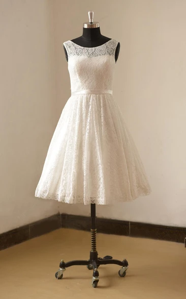 Tea-Length Lace Wedding Dress Satin Sash Bateau Neckline