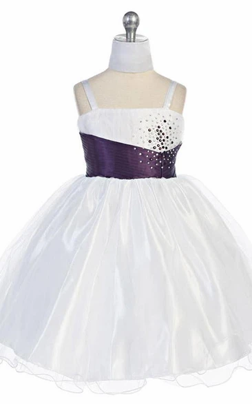 Spaghetti Strap Mini Tulle Flower Girl Dress with Pleats and Cape