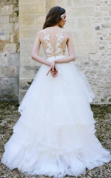 Illusion Appliqued A-Line Tulle Wedding Dress