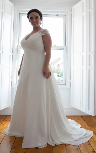 A-Line Chiffon Beaded Wedding Dress with V-Neck and Short Sleeves