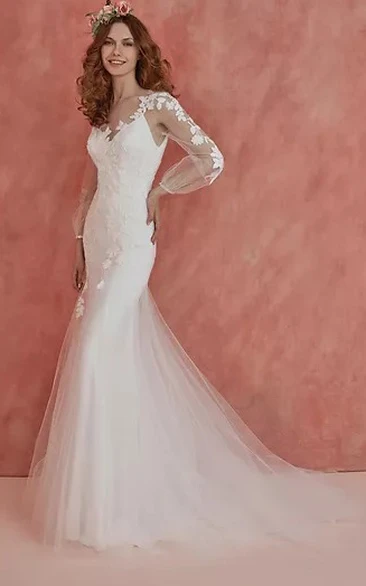 Romantic Tulle Trumpet Long Sleeve Wedding Dress With Appliques Elegant Bridal Gown