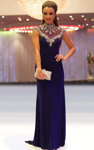 Beaded Jersey Prom Dress Cap-Sleeve High-Neck Sheath Dress for Prom