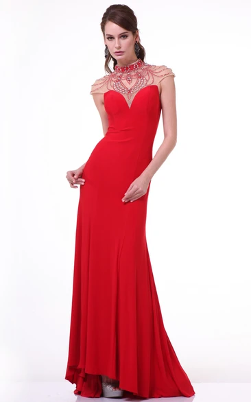 High Neck Cap-Sleeve Jersey Formal Dress With Crystal Detailing Sheath