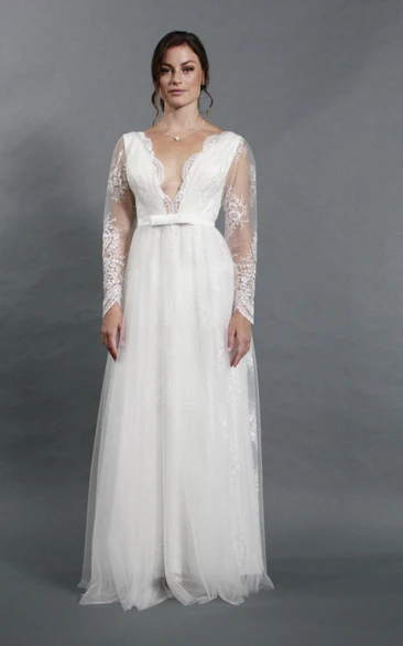 Sexy A-Line Tulle Wedding Dress with Deep-V Neckline and Long Sleeves