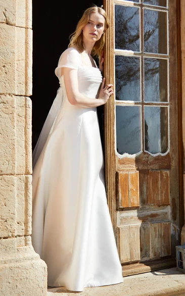 Satin A Line Wedding Dress with Short Sleeve and Button Back Elegant Wedding Dress with Square Neckline