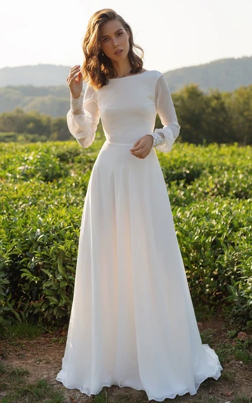 Chiffon A-Line Long Sleeve Lace Wedding Dress with Low-V Back Flowy and Classy