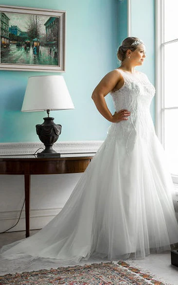 Sleeveless Tulle Bridal Gown with Jewel Neckline and Lace-Up Back