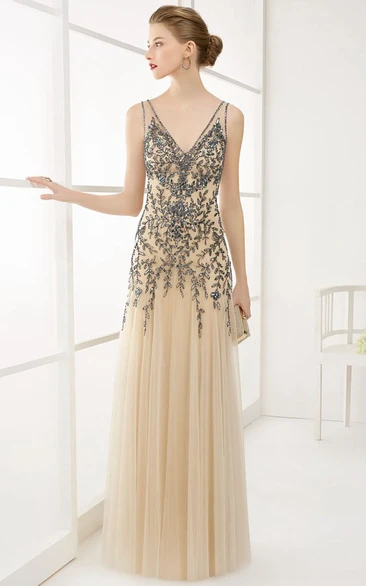 Crystal-Leaf A-Line Tulle Prom Dress with V-Neck and V-Back