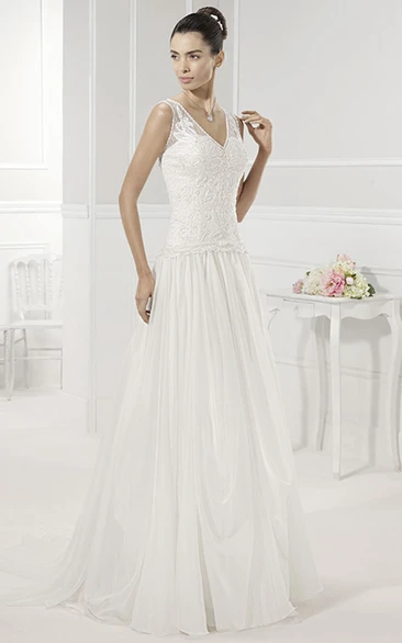 A-Line Drop Waist Wedding Dress with V-Neck Applique Bodice