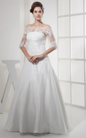 A-Line Lace Wedding Gown with Appliques Half Sleeves Off-The-Shoulder