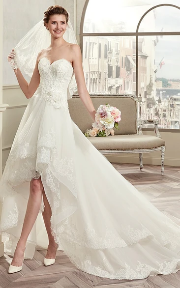 High-low Wedding Dress with Lace Corset and Brush Train Sweetheart Bridal Gown