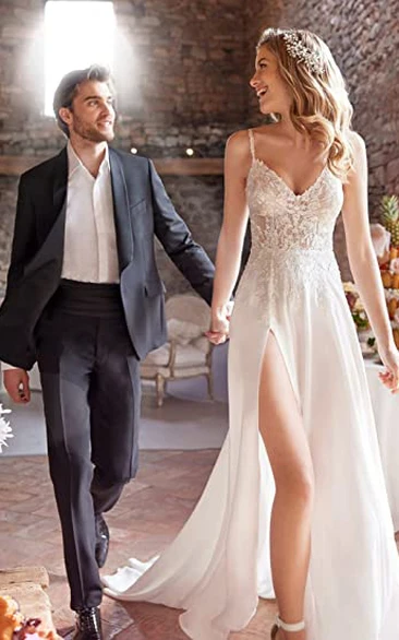 Chiffon Spaghetti A-Line Wedding Dress with Split Front Bohemian Beach Wedding Dress with Unique Style