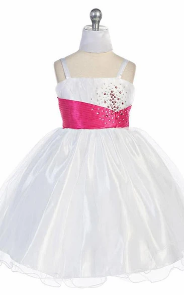 Tulle Flower Girl Dress Spaghetti Cap-Sleeve Pleated Mini with Cape