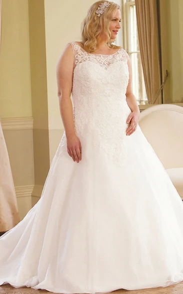 Plus Size Lace Ball Gown Wedding Dress with Scoop-Neck and Jeweled Appliques