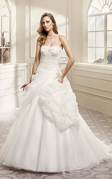 Strapless Organza A-Line Wedding Dress with Pick-Up and Beading