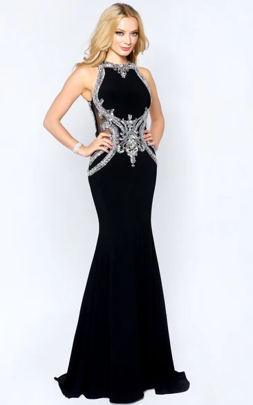 Maxi Jersey Formal Dress with Jewel-Neck and Crystal Detailing