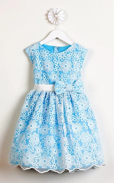 Knee-Length Bowed Lace&Organza Floral Dress for Girls Casual and Chic