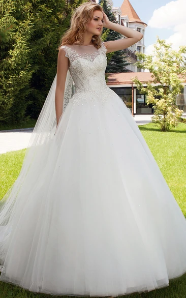 Maxi Tulle Wedding Dress with Illusion Back and Court Train Sleeveless Appliqued Bateau Neckline