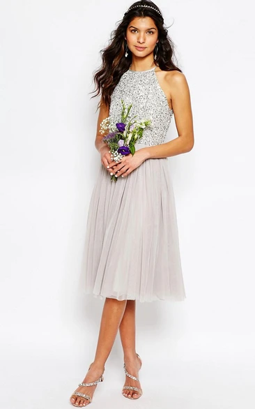 Sequined A-Line Tulle Bridesmaid Dress with Pleats Tea-Length Sleeveless