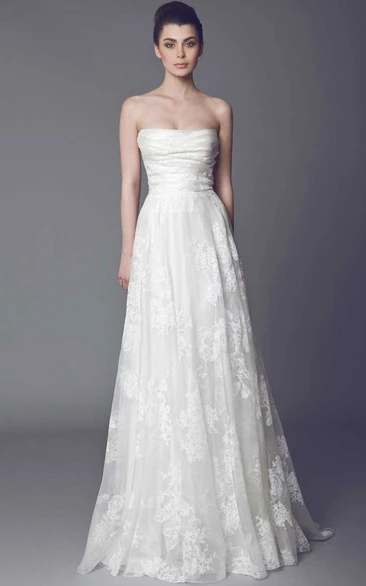 Lace Appliqued Strapless Wedding Dress with Sweep Train and V-Back Elegant Bridal Gown