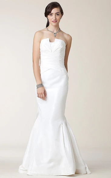 Strapless Ruched Sleeveless Taffeta Trumpet Wedding Dress with Bow Classy Wedding Dress