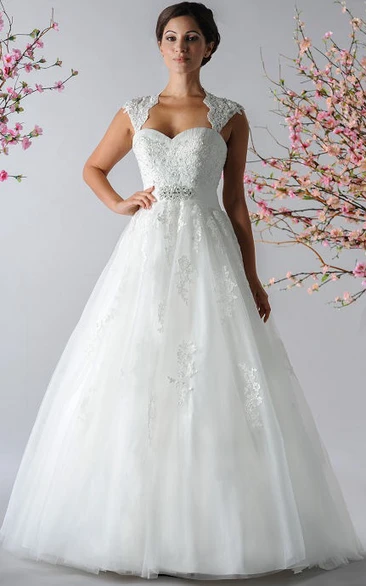 A-Line Tulle Bridal Gown with Cap Sleeves and Crystal Sash Wedding Dress