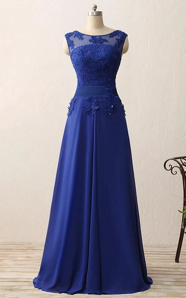 Illusion Applique Prom Dress with Cap Sleeves and A-Line Shape