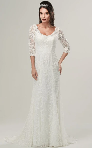 Half Sleeve Lace Wedding Dress with V-Neck and Brush Train Flowy Bridal Gown