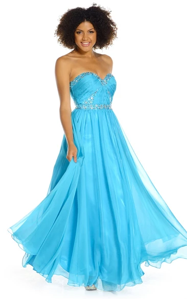 Ruched Sleeveless A-Line Prom Dress with Beading and Pleats Flowy Long Dress